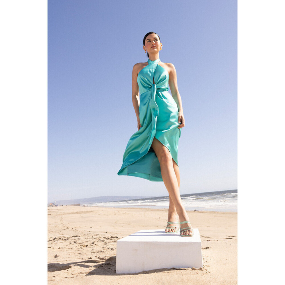 Lulus Sultry Energy Teal Blue Satin Halter Neck Tulip Midi Dress - Size L